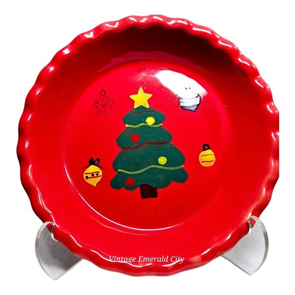 Michael's Christmas Tree Red Holiday Pie Baking Dish Hand Painted Edge Plate - Picture 3 of 12